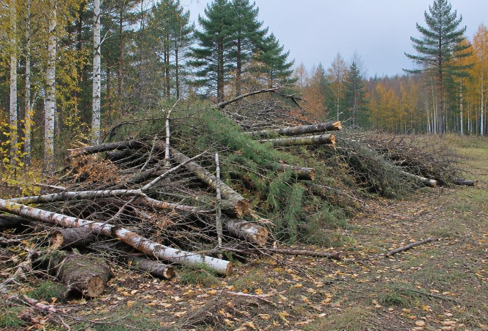 Pile of cleared brush and storm debris at the edge of a wooded property