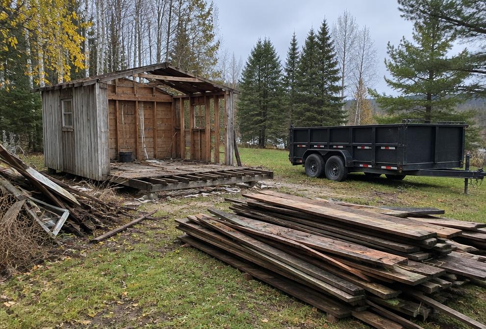 Partially dismantled wooden shed with lumber stacked for haul-off