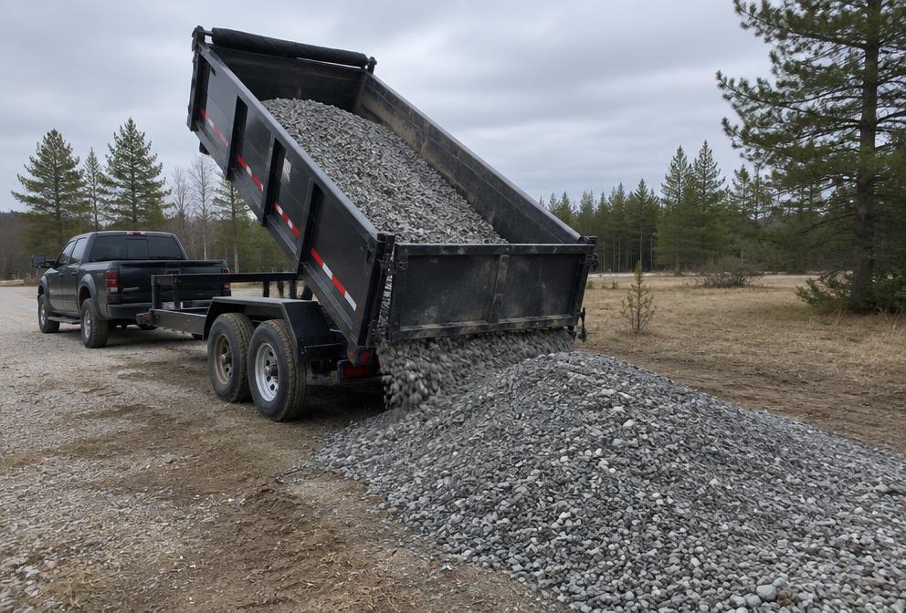 Dump trailer unloading crushed gravel on a rural property