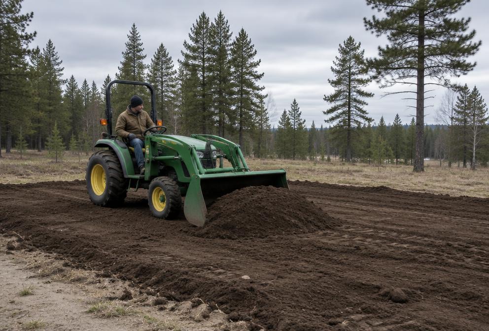 Compact tractor with front loader moving topsoil on a small site