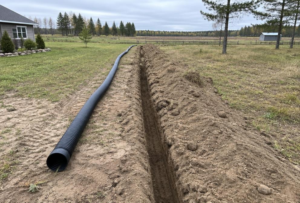 Drainage trench in a rural yard with drain pipe alongside